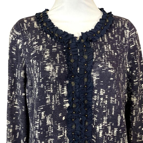 Chicos Intrigue Demi Cardigan Sweater Indigo Beaded Ruffle Trim Med - Picture 2 of 7